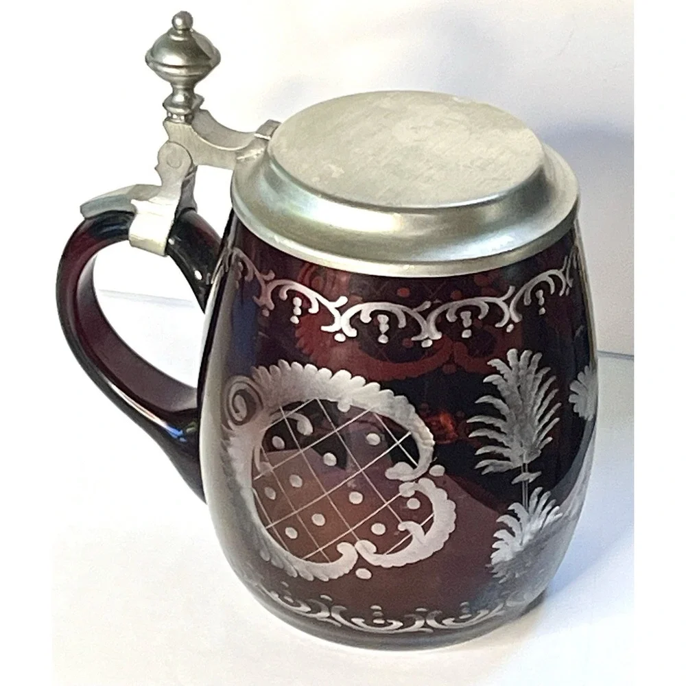 Vintage Bohemian Cut-to-Clear Glass Stein Beer Mug with Pewter Lid Grouse Design